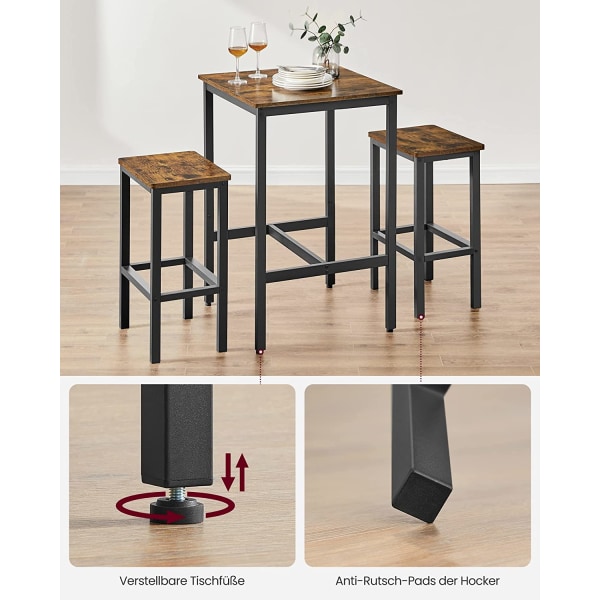 VASAGLE barbord med barstolsset, matbord med 2 stolar, vintage brun/svart