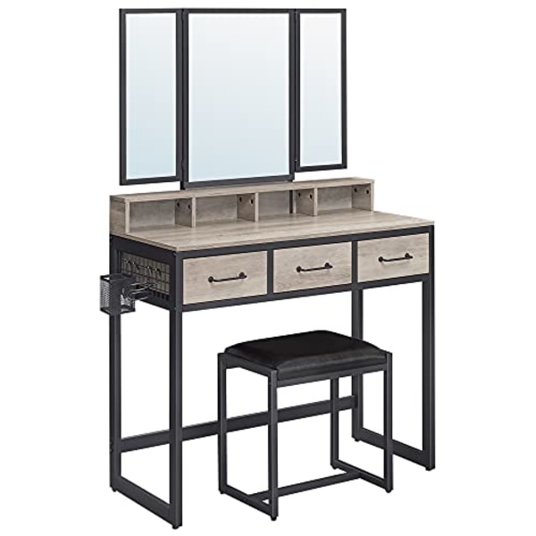 VASAGLE Sminkbord med vadderad pall, trippelspegel, 3 lådor, grå och svart