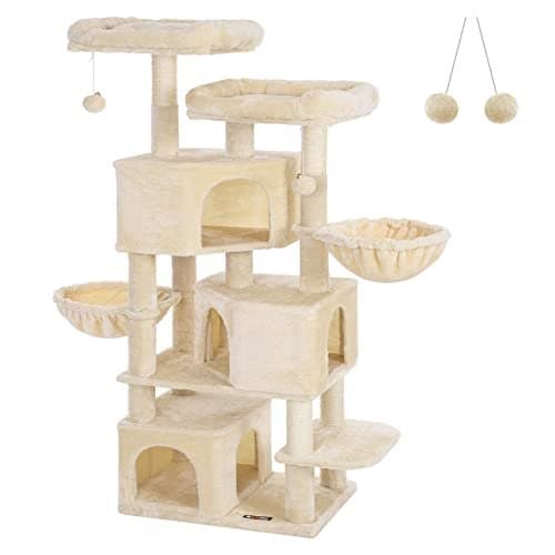 Feandrea stort kattträd med 3 katthålor, 164 cm katttorn, beige