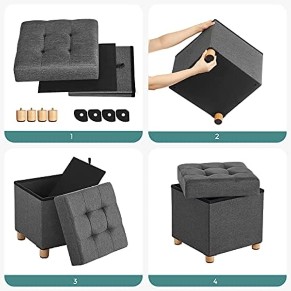 Songmics Sammenklappelig Cube Ottoman opbevaring og fodskammel med træfødder og låg Grå