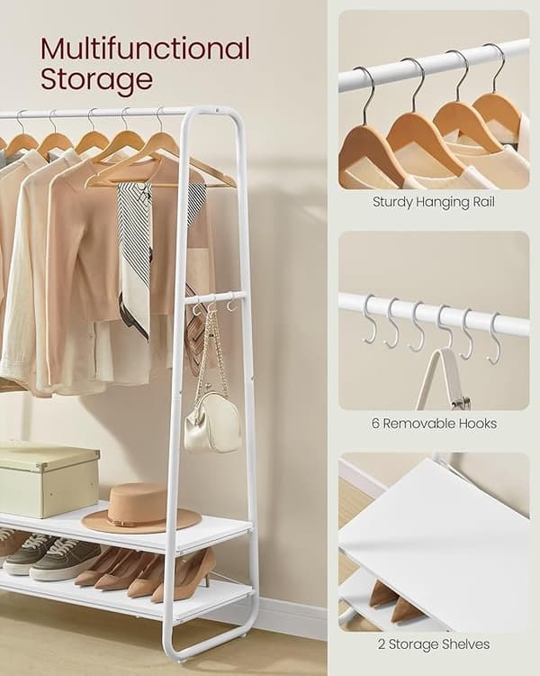 Klädställning med 2 hyllor, 6 S-formade krokar, stålram, Cloud White och Matte White