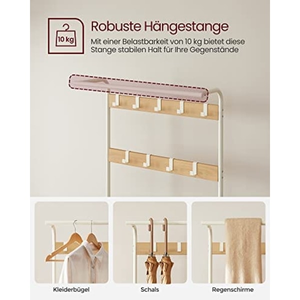 VASAGLE tøjstativ, tøjstativ med skoopbevaringsskammel, 4-i-1-design, eg og creme