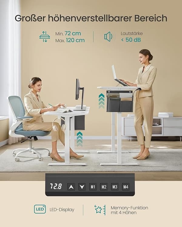 Höjdjusterbart elektriskt skrivbord, 60 x 140 x 72–120 cm, minnesfunktion, Cloud White