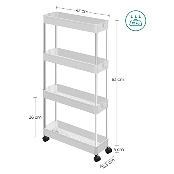 Songmics 4-kerroksinen säilytyskärry pyörillä, muovinen säilytysyksikkö, kylpyhuonekeittiö, valkoinen