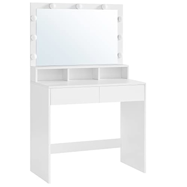 Vasagle Toiletbord Vanity Table med 9 LED -pærer og spejl, Moderne hvid