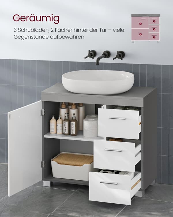 Badeværelsesskab, 3 store skuffer, 30 x 70 x 64 cm, Cloud White-Cement Grey