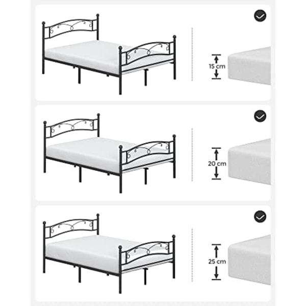 Vasagle dobbeltseng ramme, metal seng ramme, passer til 140 x 190 cm madras, sort