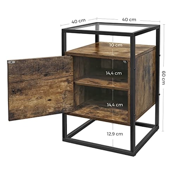 Vasagle natbord, sengebord, glas sidebord med skab, rustik brun