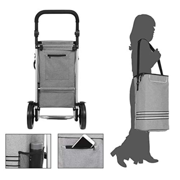 Songmics Shopping Trolley, Foldbar kundvagn, fast, med isolerad kylväska, 35L, grå