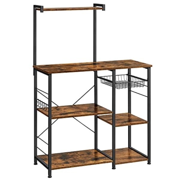 VASAGLE Baker's Rack hyllyillä, mikroaaltouunin telineellä ja lankakori, rustiikkisen ruskea