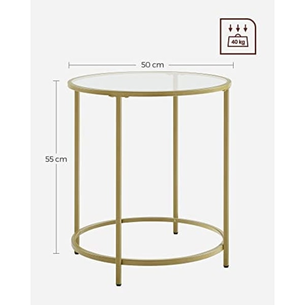 Vasagle rund sidobord, härdat glasändbord med gyllene metallram, litet soffbord, guld