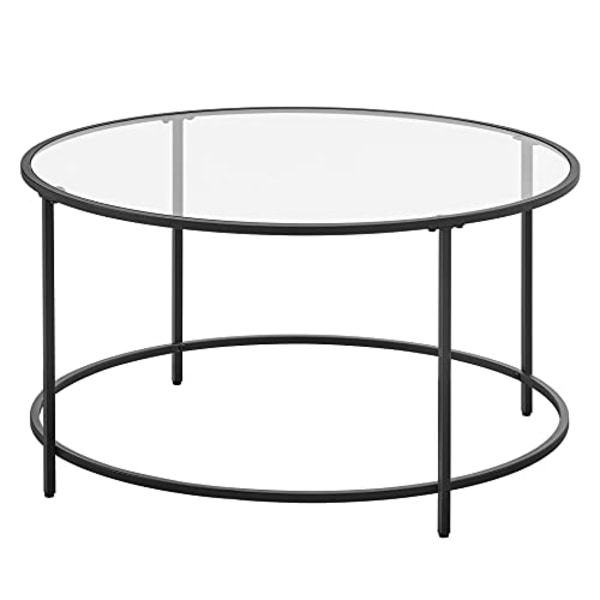 Vasagle rund soffbord, glasbord med stålram, vardagsrumsbord, svart