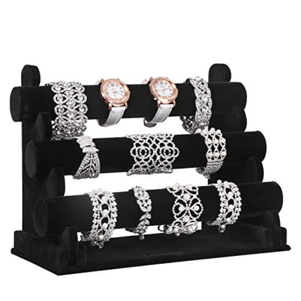 Songmics 3-bars sammets armbands hållare för klocka, halsband, smyckesställ, svart