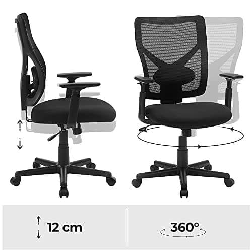 SONGMICS Kontorstol i mesh i midten, svingbar ergonomisk stol sort