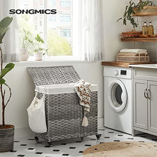 Songmics Tvättkorg, handvävd tvätthamare, 140L rotting-stil med 3 fack, grå