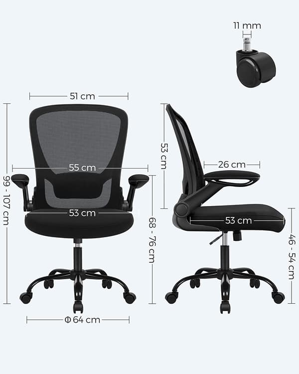 SONGMICS Kontorstol, Skrivebordsstol, Mesh Drejestol, Ergonomisk Computerstol, Sort
