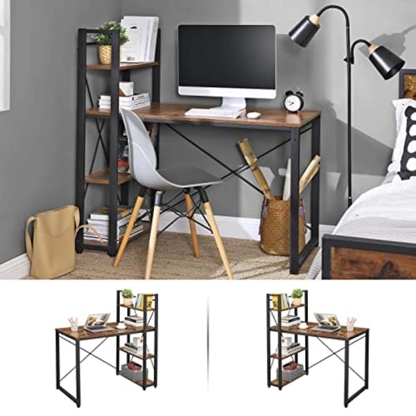Vasagle computer skrivebord, 120 cm skrivebord med opbevaringshylder, rustikbrun og sort