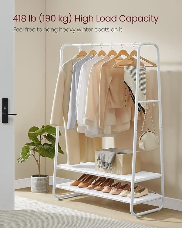 Klädställning med 2 hyllor, 6 S-formade krokar, stålram, Cloud White och Matte White
