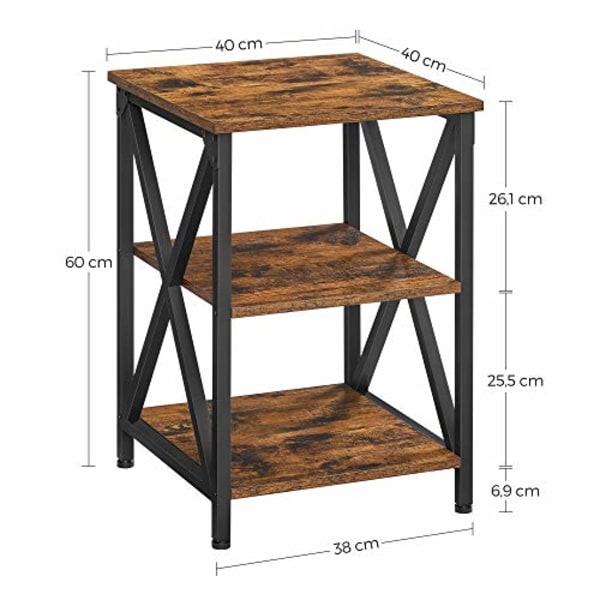 Vasagle sivupöytä, x-muotoinen teräsrunko, yöpöytä, 40 x 40 x 60 cm, ruskea ja musta