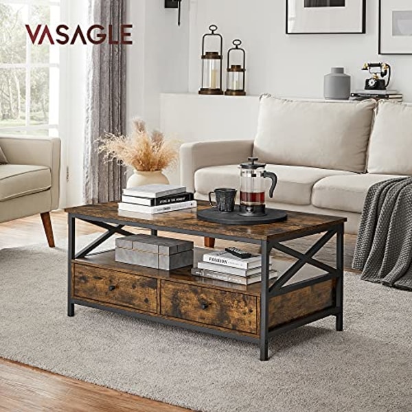 VASAGLE sofabord, stuebord, X-formet stålstel, 100 x 55 x 45 cm, brun og sort