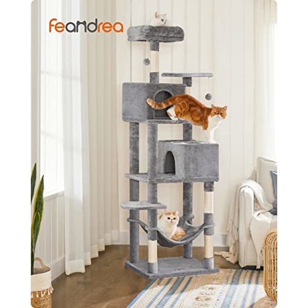 Feandrea kattetræ, 191 cm højt kattetårn, kradsestolper, blød, lysegrå