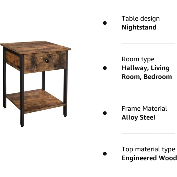 Vasagle yöpöytä, yöpöytä, sivupöytä laatikolla ja hyllyllä, päätypöytä, ruskea ja musta