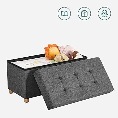 Songmics Storage Ottoman, vadderad vikbar bänk, bröst med lock, träfötter, mörkgrå