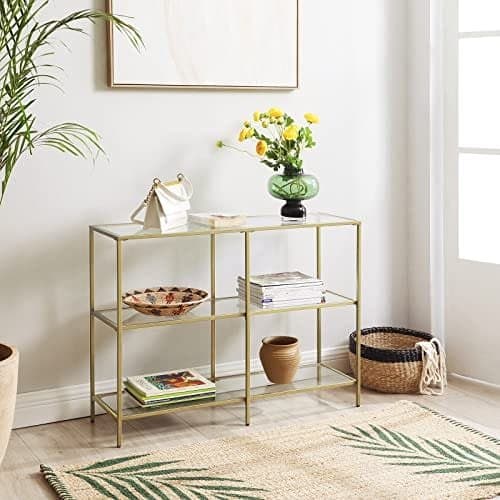 Vasagle Console Table, soffbord med 3 hyllor, härdat glashylla, guldfärg