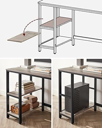 VASAGLE Computerbord, Skrivebord med 2 hylder, Stålramme, Greige og Sort