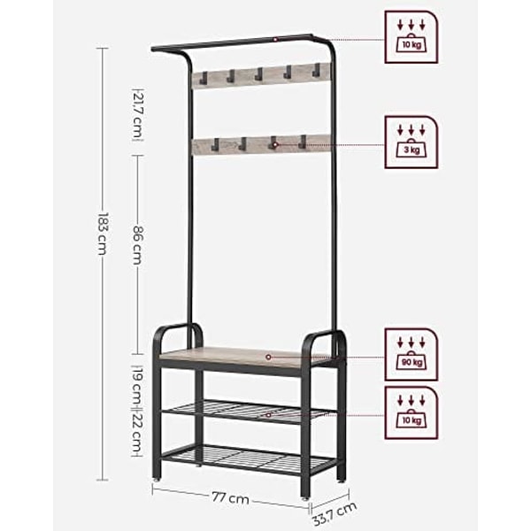 VASAGLE tøjstativ, tøjstativ med skoopbevaringsskammel, 4-i-1-design, greige og sort