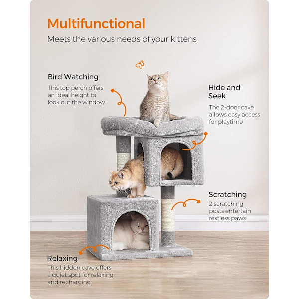 Feandrea kattetræ, 67 cm kattetårn, stor katte aborre, 2 kattehuler, skrabe, lysegrå