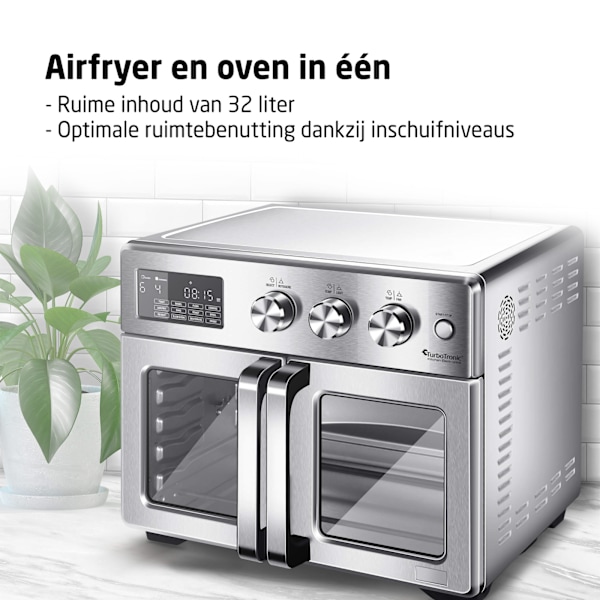 TurboTronic Airfryer XXL ja uuni – Kaksoisovet - 32 litraa – Hopea