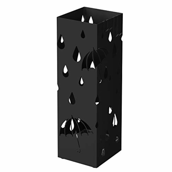 Songmics metallinen sateenvarjoteline, neliönmuotoinen sateenvarjon pidike tippakaukalolla ja 4 koukulla, musta