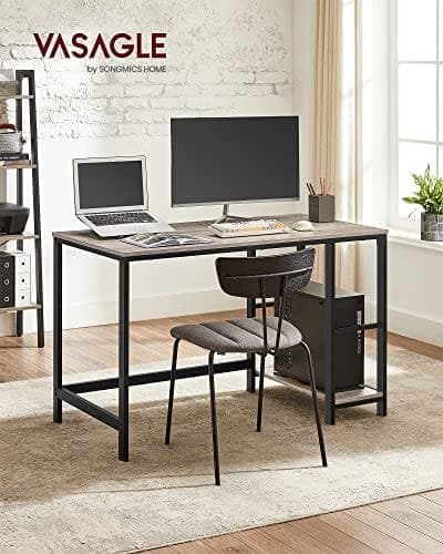 VASAGLE Computerbord, Skrivebord med 2 hylder, Stålramme, Greige og Sort