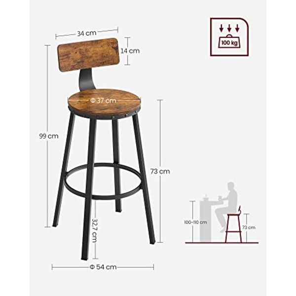 VASAGLE kökspallar, 2 höga med ryggstöd, rustikt brunt och svart
