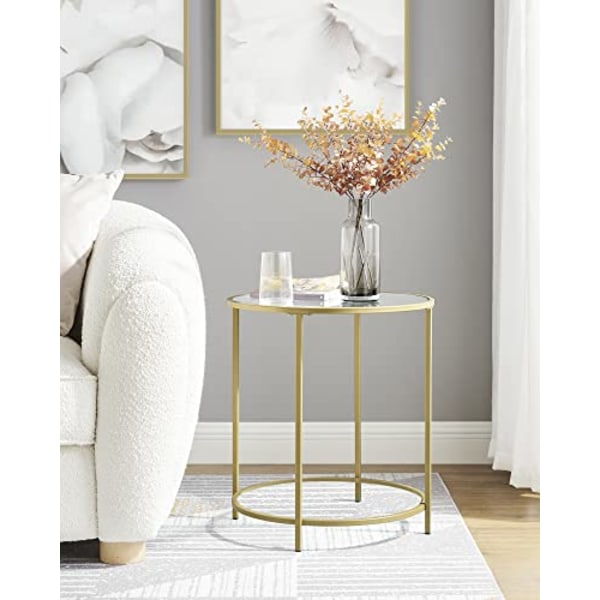 Vasagle rund sidobord, härdat glasändbord med gyllene metallram, litet soffbord, guld