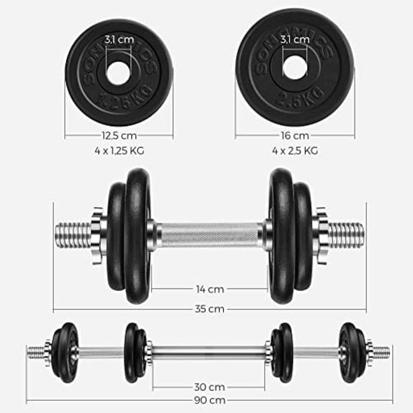 Songmics 2-i-1-käsipainot, 2 x 10 kg säädettävät valurautapainot, lisäteräslevyllä, musta
