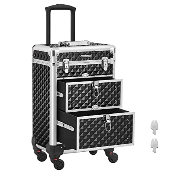 SONGMICS Låsbart makeup-etui, Rolling Cosmetics Beauty Trolley Box, Sort