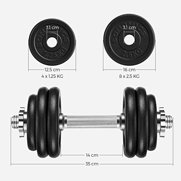 Songmics 2 håndvægte, 2 x 15 kg vægtskiver, stålgreb,, vægtløftning, sort