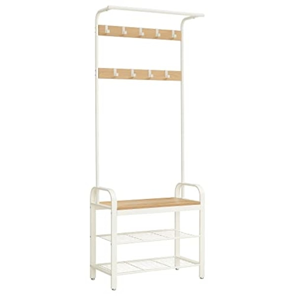 VASAGLE tøjstativ, tøjstativ med skoopbevaringsskammel, 4-i-1-design, eg og creme
