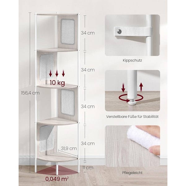 5-etagers Hjørnehylde Bogreol med Rattan Sidepaneler Stående Hylde Metalramme Til Stue Soveværelse Studiekøkken 31,75 X 31,75 X 156 cm, Havregryn Beige