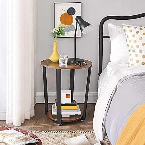 Vasagle sidebord, rundt endebord med stålramme, til dagligstuen, rustik brun og sort