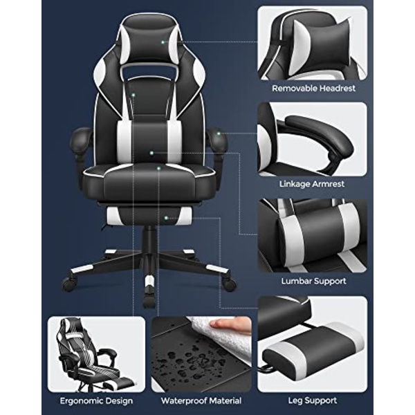 Songmics Racing Gaming Chair, justerbar kontorstol med fodstøtte, nakkestøtte, lændestøtte, sort og hvid