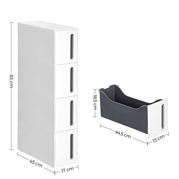 Songmics opbevaringskasser i plast, smal opbevaringsvogn på hjul, 45 x 17 x 83 cm, hvid og grå