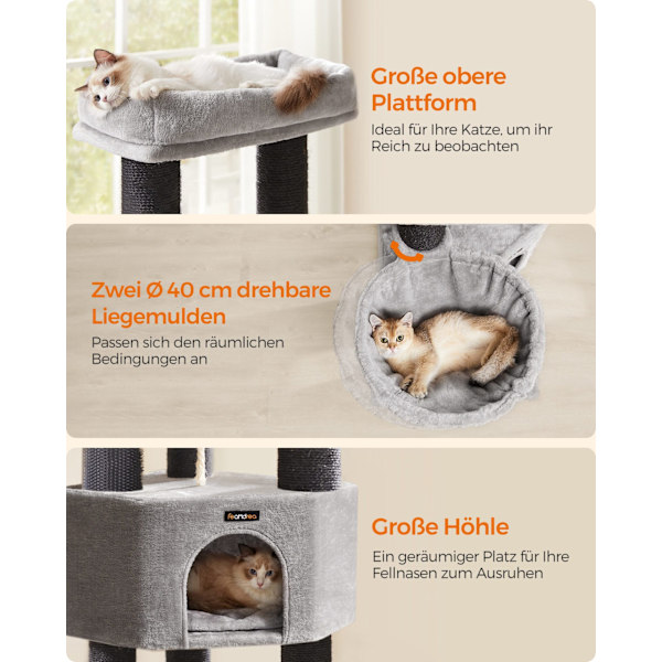 Feandrea kattetræ til store katte, Heavy Duty Cat Tower, 9 kradsetræer, grå og sort