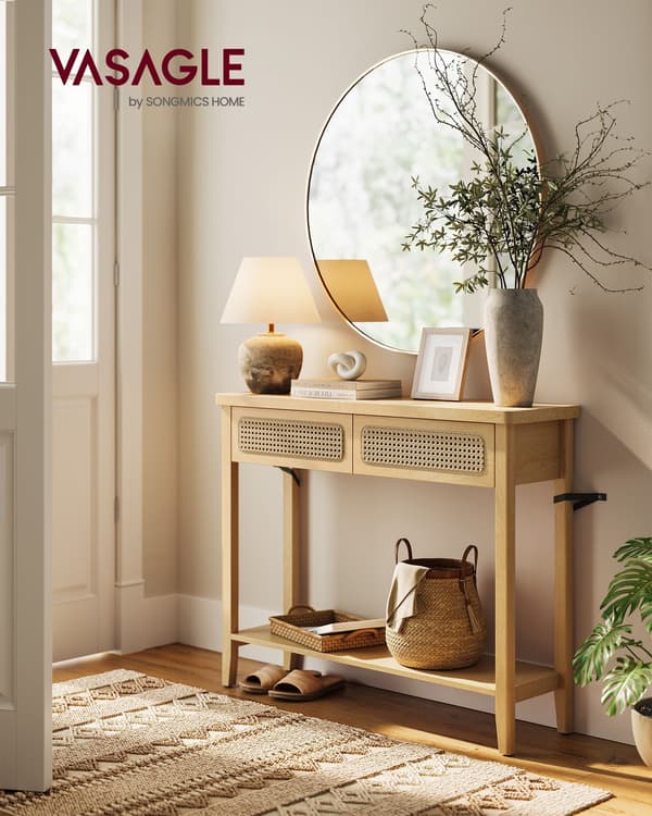 Konsolbord För Hall, Smalt Soffbord För Vardagsrum, Boho-stil, Ekbeige