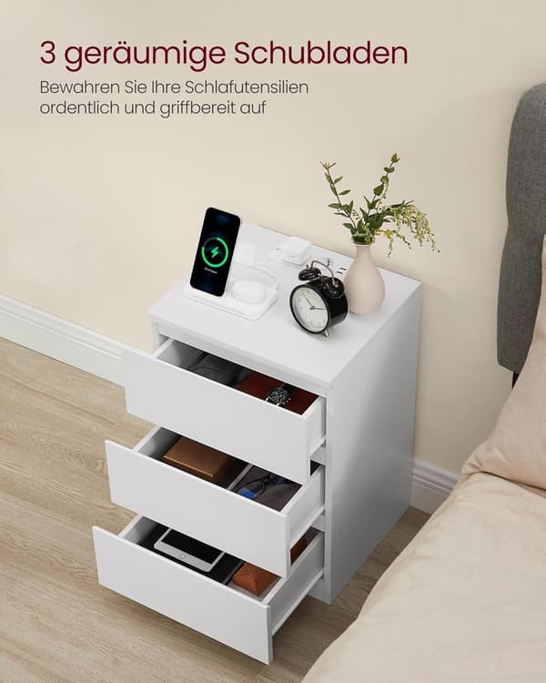 Natbordsbord, Sidebord, 3 skuffer, 2 stikkontakter, 2 USB-porte, Cloud White