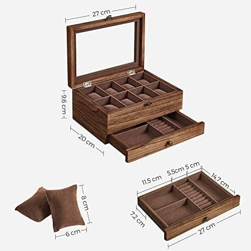 Watchbox Klockbox för 8 Klockor – 2-Nivåer Trälåda med Stort Glaslock, Sammetsfoder & Klockkuddar