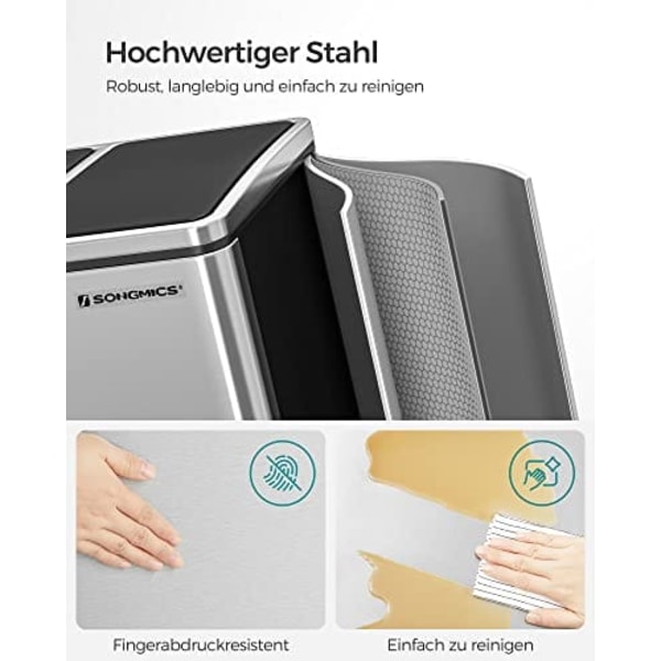 SONGMICS kierrätysastia, 3 x 18 L kolminkertainen keittiöastia, 3-lokeroinen poljinroskis, hopea