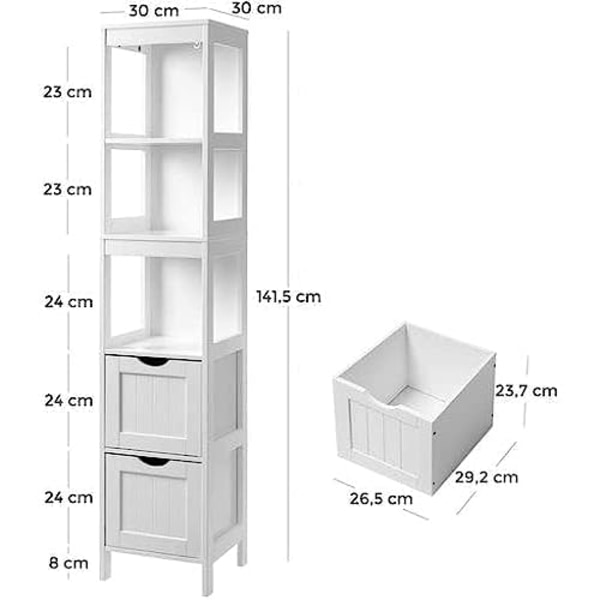 VASAGLE högskåp, badrumsskåp, förvaring av badrumsredskap, 30 x 30 x 141,5 cm, vit